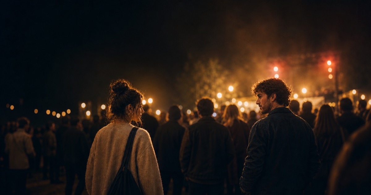 Two people recognising each other in a warm public square